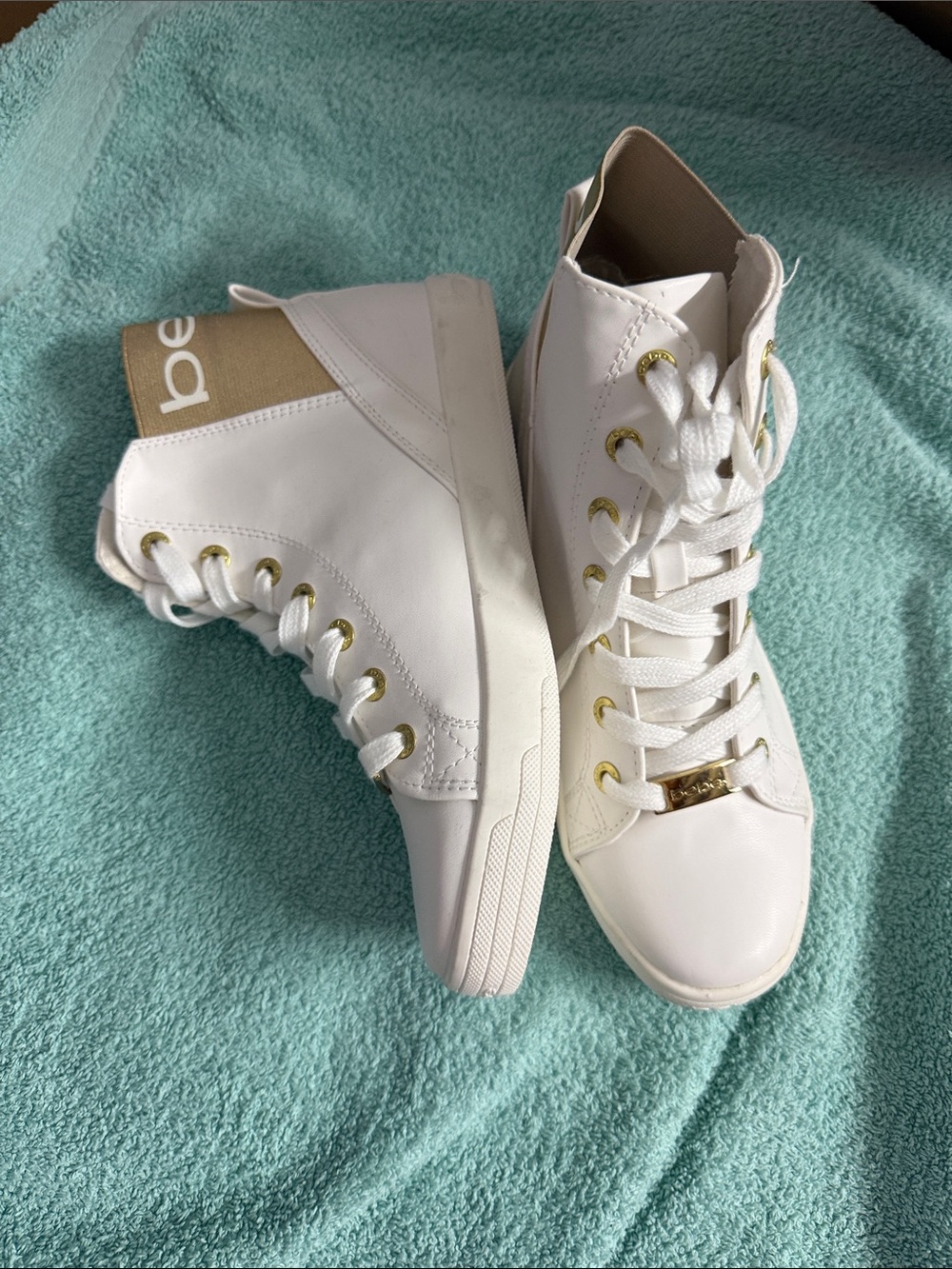 Bebe Dempsey 7.5 White High-Top Women’s Sneakers with Gold Accents